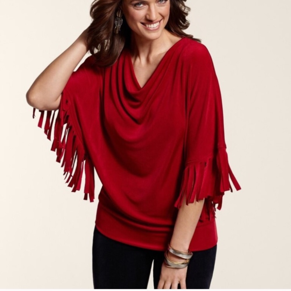 Chico’s Travelers Red Phoebe Fringe Top Drape